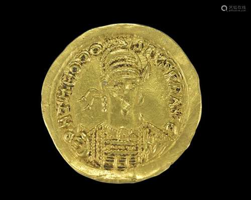 A gold Roman coin, Solidus, Theodosius II - 402-450 AD