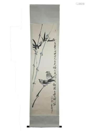 A large Chinese ink painting on paper in scroll with