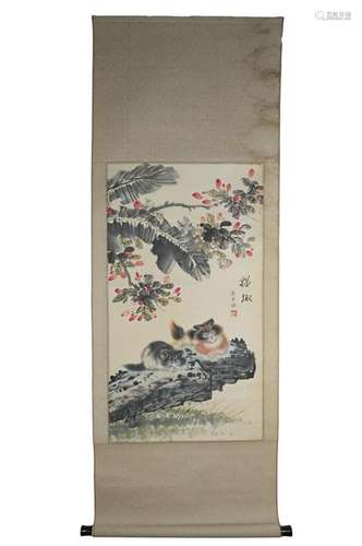 A Chinese watercolour painting on paper in scroll with