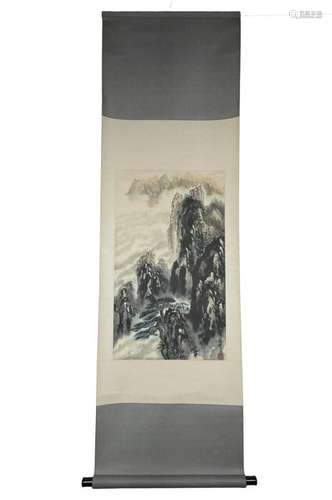 A Chinese watercolour painting on paper in scroll with