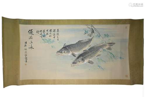 A large Chinese watercolour painting on paper in scroll