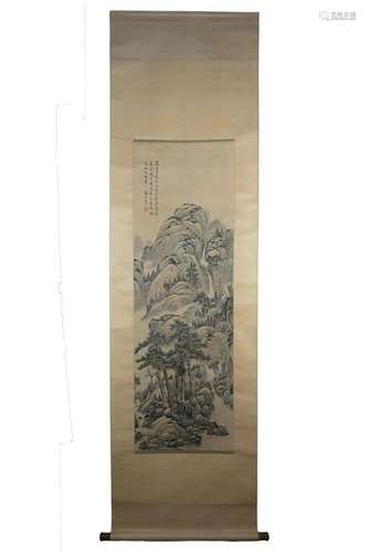 A Chinese watercolour painting on paper in scroll with