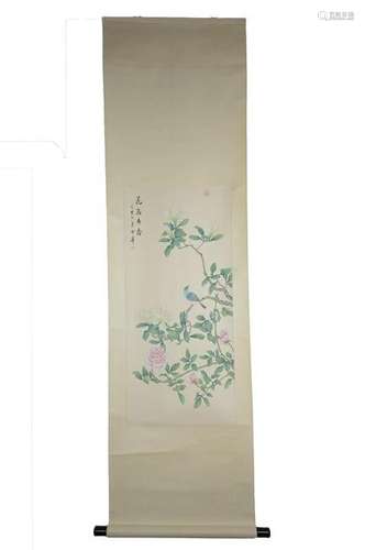 A Chinese watercolour painting on paper in scroll with