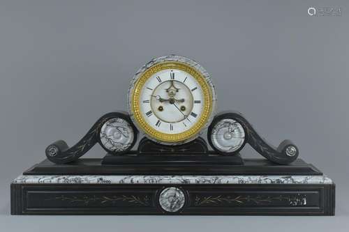 A very large Victorian black slate mantle clock with