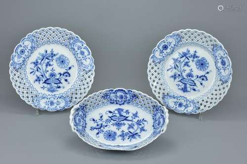 Three late Meissen blue and white porcelain basket dish