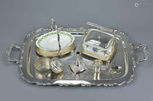 A large white metal twin handled serving tray together