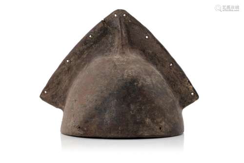 Helmet shaped cinerary urn cover. \n \nGrey terracot…