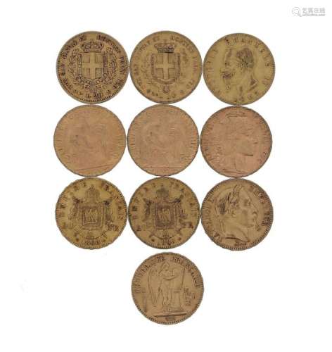 Ten gold coins: 3 x 20 FF Napoleon III laureate (1…