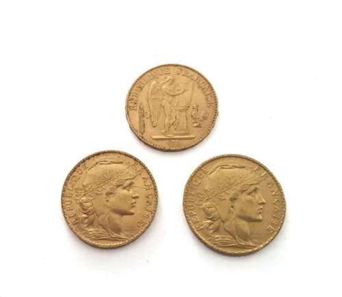 Three 20 FF gold coins : 1 x 20 FF Genie 1898 A 2 …