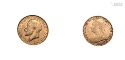 Two gold sovereigns: 1 x sovereign George V 1911 1…