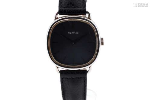HERMES Men's steel bracelet watch, black dial with…