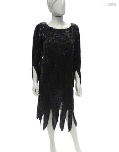 ANONYME Black crepe dress decorated with pearls an…