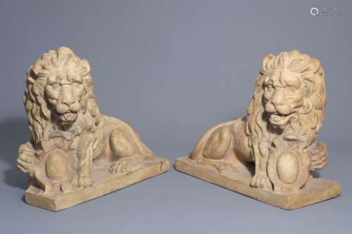 A pair of patinated terracotta lions, France or It...