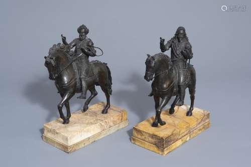A pair of French regal patinated bronze equestrian...