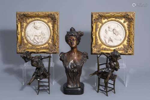 Three bronze sculptures and two framed cast stone ...