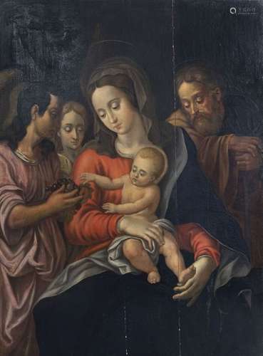 Flemish school: Holy Family with angels with grape...