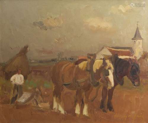 Hubert Malfait (1898 1971): Plowing the field, oil...