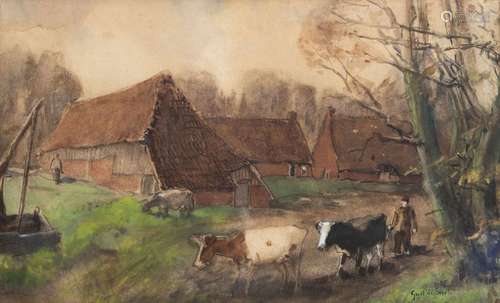 Gust de Smet (20th C.): Shepherd with his herd, wa...