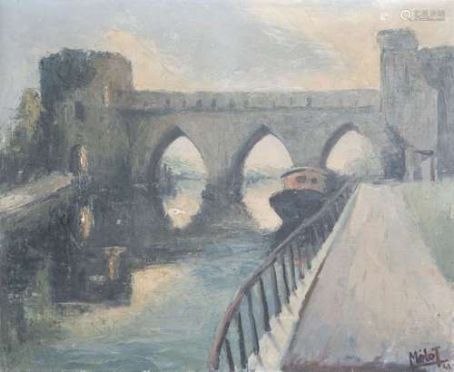 Mélot (20th C.): Le Pont des Trous in Tournai, oil...