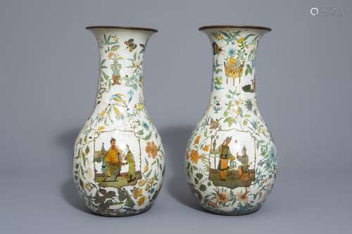 A pair of French or English glass decalcomania chi...