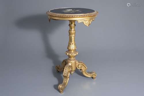 A gilt wood tripod side table with pietra dura top...