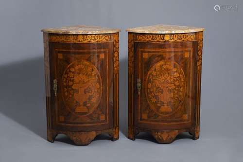 A pair of French burl wood veneered Louis XVI corn...