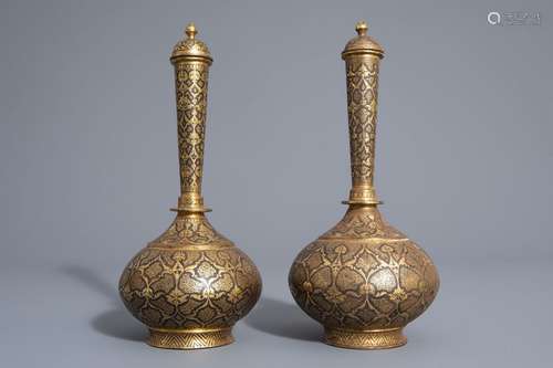 A pair of Indo Persian niello bronze vases, 19th/2...