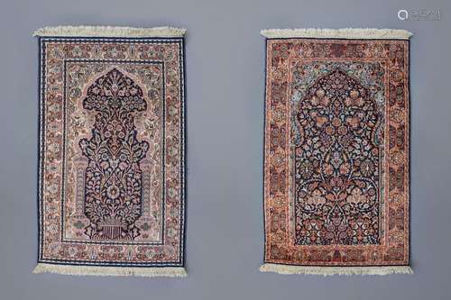 Two Oriental prayer rugs with floral design, silk ...