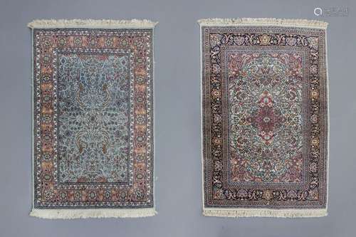 Two Oriental rugs with floral design, silk on cott...