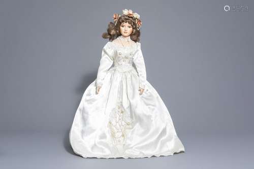 A large biscuit bride doll in satin dress, Engelan...