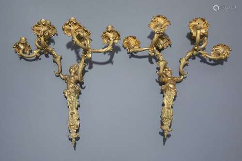 A pair of gilt bronze six light wall appliques in ...