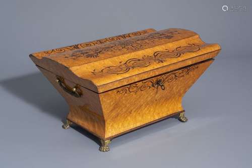 An English sarcophagus shaped burl wood veneered b...