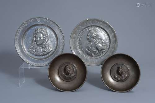 A pair of pewter plates with royal portraits and a...