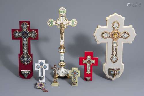 A varied collection cloisonné holy water fonts, cr...