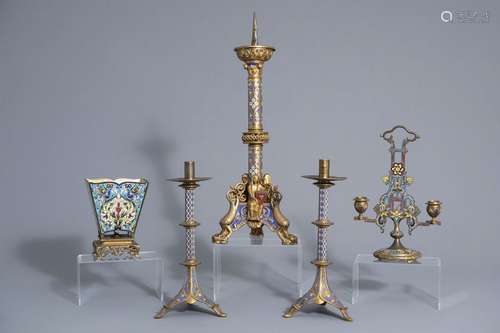 Four cloisonné and champlevé candlesticks and a ja...