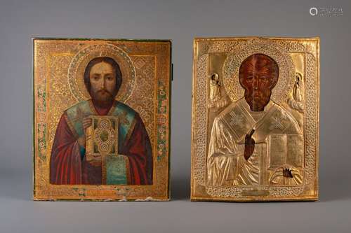 Two large Russian icons, 'Christ Pantocrator' and ...