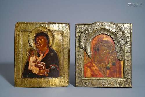 Two Russian 'Mother of God' icons with copper okla...