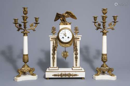 A three piece gilt mounted and white marble garnit...