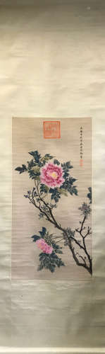 A Chinese Peony Scroll Painting,  Empress Dowager Cixi Mark