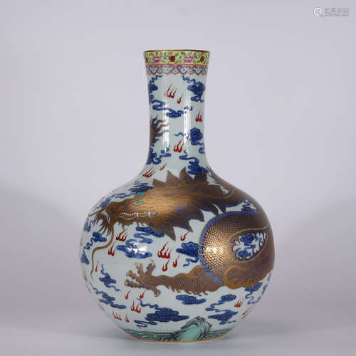 A Chinese Glid Dragon Pattern Blue and White Porcelain Vase