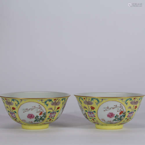 A Pair of Chinese Yellow Land Floral Porcelain Bowls