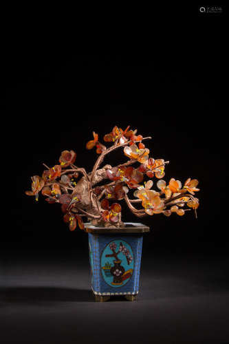 A Chinese Natural Agate Flower Bonsai of Cloisonne