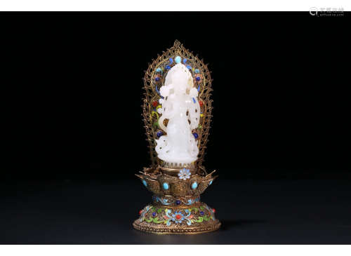 A Chinese Gilding Silver Hetian Jade Guanyin Statue