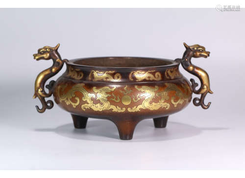 A Chinese Dragon Shape Ears Copper Incense Burner