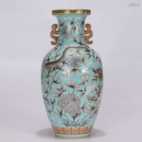 A Chinese Green Land Dragon Pattern Porcelain Vase with Double Ears