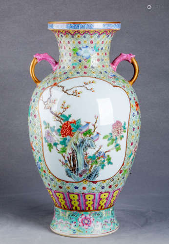 A Chinese Famille Rose Porcelain Vase with Double Ears