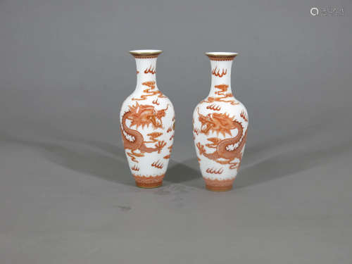 A Pair of Chinese Copper Red Dragon Patterned Porcelain Vases