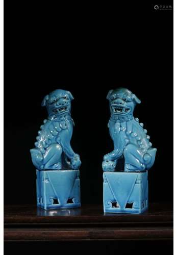 A Pair of Chinese Peacock Blue Glazed Porcelain Ornaments