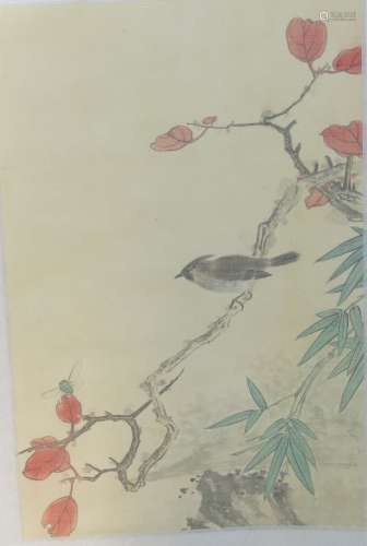 A Chinese Bird-and-flower Vertical Silk Scroll