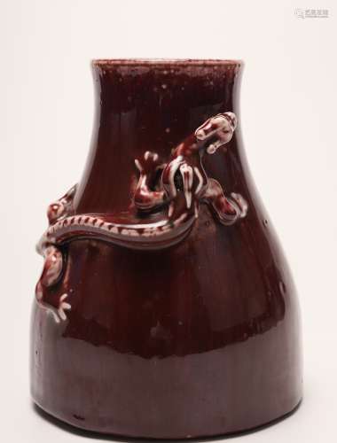 A Chinese Red Glazed Dragon Patterned Porcelain Zun